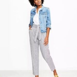 LOFT Gray and White Striped Belted Pants